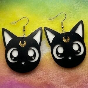 Sailor Moon Luna Cat Earrings Black Acrylic Dangle Wire Hook Earrings